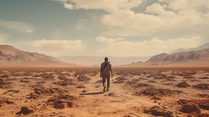 A cinematic scene, in the desert throw dust a man is walking, ultra realistic, film grain,...