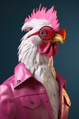 cartoon character cool rooster, chicken, wearing a leather jacket, sun goggles and copy space. 3d...