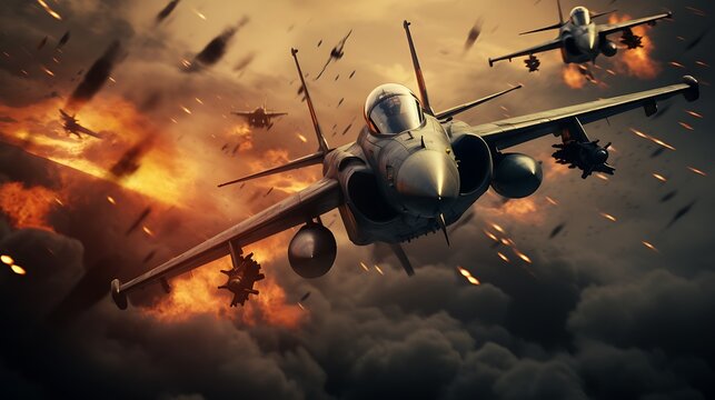 A cinematic scene, in the air figher jets are fighting, ultra realistic, film grain, cinematic colour grading, detailed faces, dramatic light 