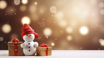 Fototapeta premium Christmas background with snowman and gift boxes on bokeh background
