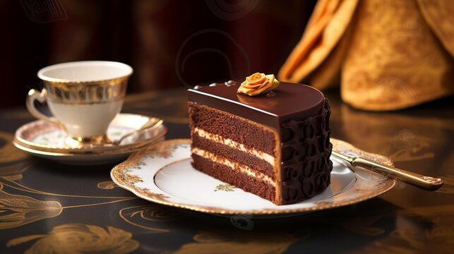 Chocolate cake on a nice plate, generative ai