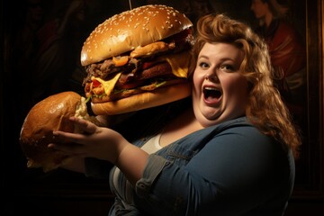 Overweight problem, poor diet, calorie-laden food, fast food cheeseburger burger, fat woman, obese...