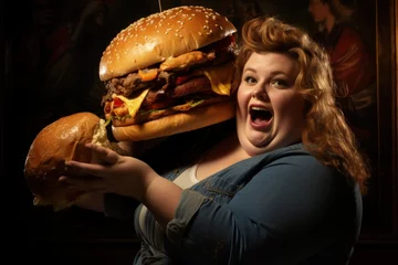 Foto op Plexiglas Overweight problem, poor diet, calorie-laden food, fast food cheeseburger burger, fat woman, obese persona, high calorie quick food, motivation to eat righ, fatty foods, dieting, new life. © Ruslan Batiuk