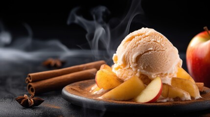 Fruit ice cream on black wooden table with cinnamon, apple ice cream and cinnamon