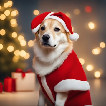 Perro Vestido de Santaclos Pap&aacute; Noel en Navidad con Fondo de Luces Brillantes Doradas