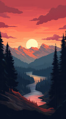 A painting of a sunset over a river