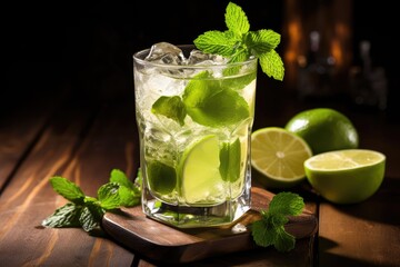 Refreshing Cuban Mojito Cocktail on a Dark Background, Lime and Mint Garnished