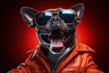 dogs portrait with sunglasses, Funny animals in a group together looking at the camera, wearing clothes, having fun together, taking a selfie, An unusual moment full of fun and fashion consciousness.