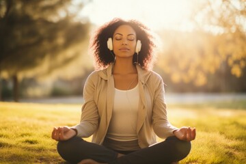  Young afroamerican woman with eyes closed listening music through headphones while meditating