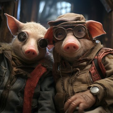pigs portrait with sunglasses, Funny animals in a group together looking at the camera, wearing clothes, having fun together, taking a selfie, An unusual moment full of fun and fashion consciousness.