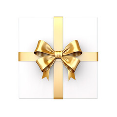white Gift box with gold ribbon isolated on transparent and white background. Png transparent. Top View.