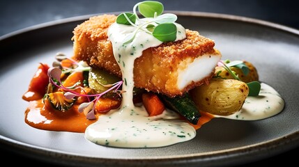 Breaded hake fish fillet with vegetables healthy dish, generative ai