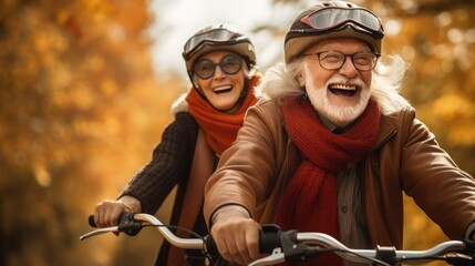 Couple of older bike riders smile. Dynamic outdoor shots.