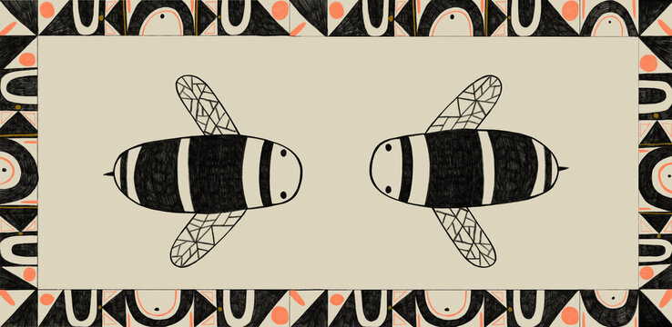 Illustration of honeybees and abstract designs
