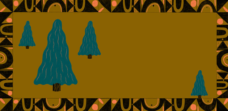 Illustration of pine trees with abstract designs