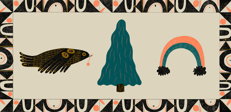 Neo-primitive painting of fish with rainbow and pine tree