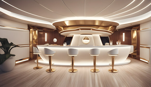 Luxury ship interior with white and wood and gold decoration, lifestyle concept, generative ai