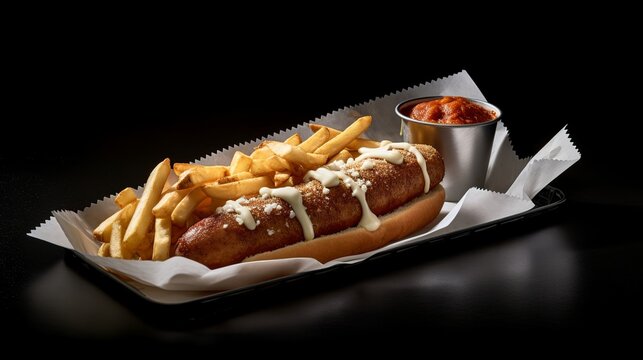 Frikandel in bun and Belgian fries, food photo, generative ai