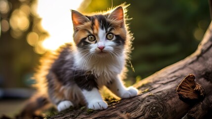 Obraz premium Small and cute tricolor kitten photo in sunlight, generative ai