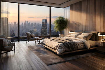 A bedroom with a large window overlooking a city