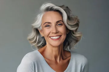 Foto op Canvas Beautiful gorgeous 50s mid age beautiful elderly senior model woman with grey hair laughing and smiling. Mature old lady close up portrait. Healthy face skin care beauty, skincare cosmetics, dental. © PhotoPhantom