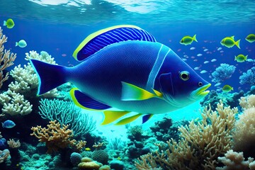 Fototapeta premium Underwater coral reef landscape with fish, generative ai, in the deep blue ocean with colorful marine life