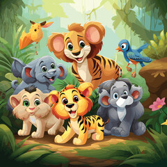 Obraz na płótnie Canvas Group of happy animals cartoon in the jungle illustration