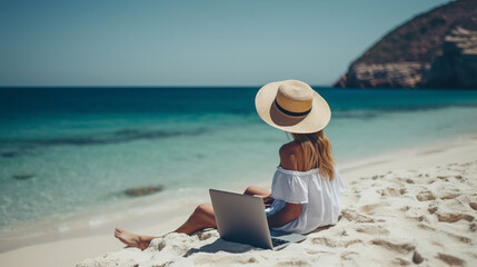 Fototapeta na wymiar Remote work concept. Cheerful cute woman working on a laptop on vacation. Work concept. Freelance concept. Remote work concept. Travel concept.