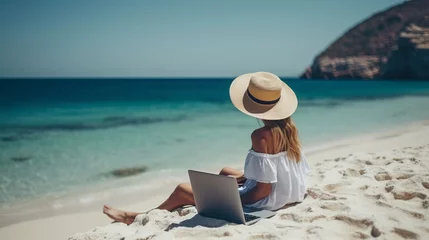 Foto op Plexiglas Remote work concept. Cheerful cute woman working on a laptop on vacation. Work concept. Freelance concept. Remote work concept. Travel concept. © IC Production