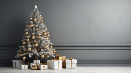 Christmas tree with presents in front of a wall, 3d render
