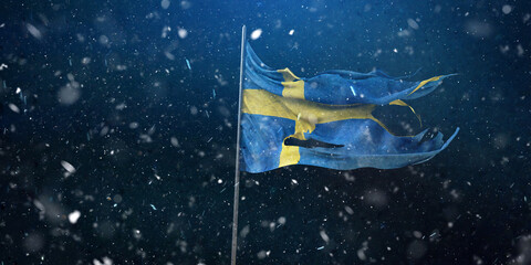 Sweden, Swedish, Kingdom of Sweden, the torn flag waving in the wind and storm. 3D Design.