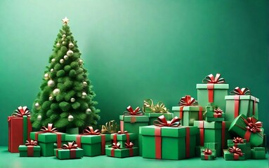 3D render Christmas background with gift boxes and christmas tree green gradient background created with generative ai