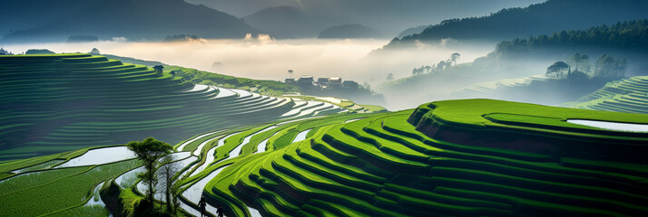 High panoramic view of beautiful green rice paddy fields in Asia. Stunning travel background - obrazy, fototapety, plakaty