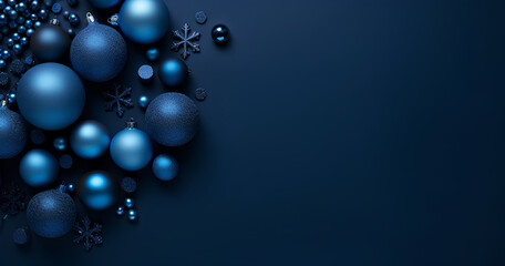 Minimalistic Christmas decorations and balls on a blue background.