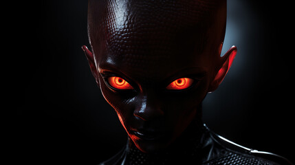 Sinister Evil looking Alien Demon Devil with Fiery Red Eyes. Alien with black background. 