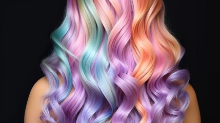 Fototapeta premium Vivid very colorful, rainbow colored long hair women, generative ai