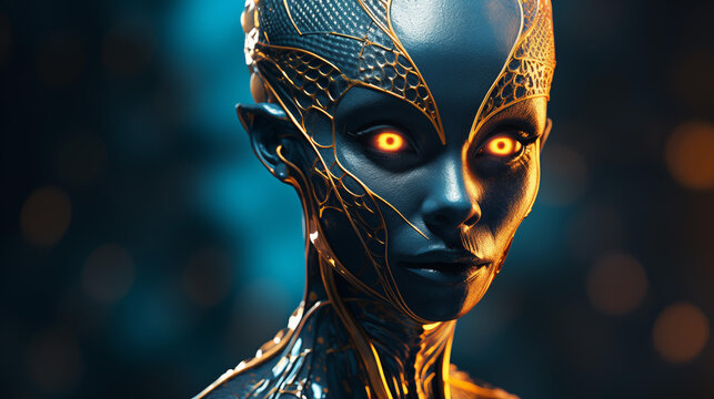 Pleiadean Alien Female with Yellow Eyes and Blue Skin and space suit 