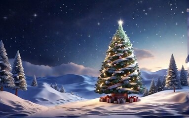 Fantastic winter landscape with christmas tree. 3D rendering. Christmas background with christmas tree, snow and stars. Beautiful christmas night created with generative ai