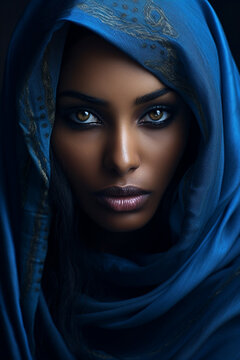 beautiful middle eastern woman in a blue hooded saree