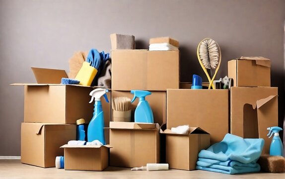 Cardboard boxes and cleaning things for moving into a new home or apartment. Cardboard boxes background created with generative ai