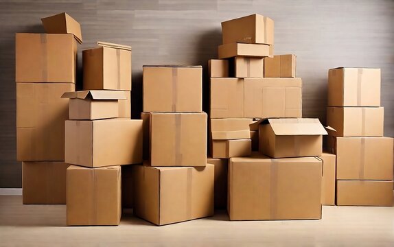 stack of cardboard boxes moving concept. Cardboard boxes and cleaning things for moving into a new home. Cardboard boxes background created with generative ai