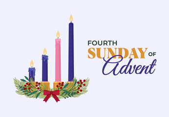 Fourth Sunday of Advent - Christmas wreath - Flat Vector Illustration