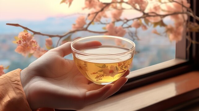A hand holiday cup of flowery tea in the .UHD wallpaper