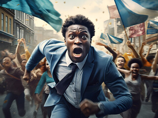businessman in panic running away with crowd - obrazy, fototapety, plakaty