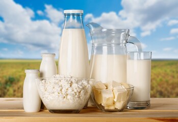 Fresh eco Dairy products on nature background