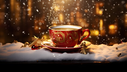 Obraz na płótnie Canvas cup of coffee hot chocoalte with winter christmas decoration