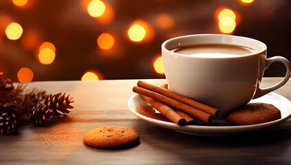 Obraz na płótnie Canvas cup of coffee hot chocoalte with winter christmas decoration
