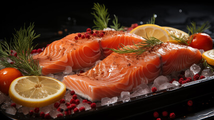 Slices of fresh salmon on a wooden cutting board with lemon slices, herbs, cherry tomatoes on a branch, olives, red chili peppers, peas, lettuce, salt and ice. Generative AI