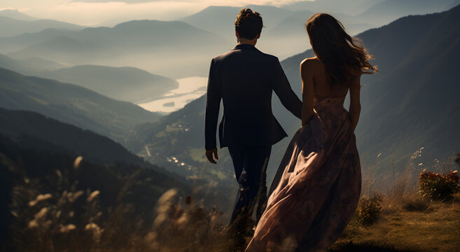 silhouette of a dressed up couple on a mountain on sunset