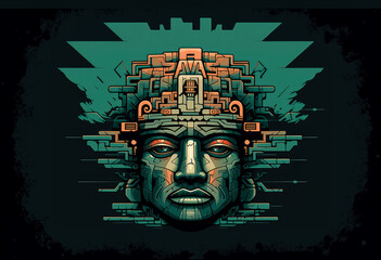 Fototapeta na wymiar Green and orange Olmec head design illustration.